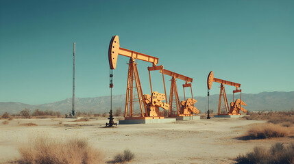Fototapeta premium Oil pumps stand in a dry desert landscape under a clear blue sky.