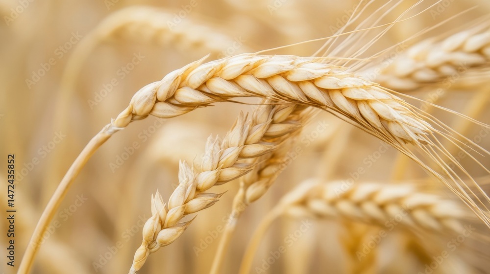 Poster close up of two golden wheat stalks, gently curving, showcasing the intricate detail of the ripe gra