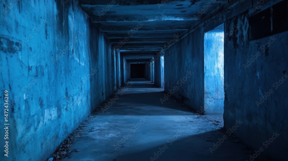 Poster a long, dimly lit blue corridor in an abandoned building stretches into the darkness, creating a mys