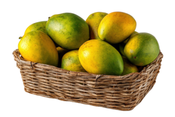 A wicker basket filled with ripe juicy mangoes of yellow and green colors ready for consumption a healthy tropical fruit a on transparent background