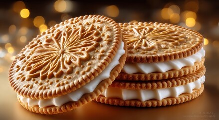 Delicious creamy cookies stacked elegantly, showcasing intricate designs and textures, with a warm golden background and soft bokeh lighting