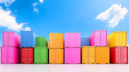 Colorful shipping containers lined up under a vibrant blue sky