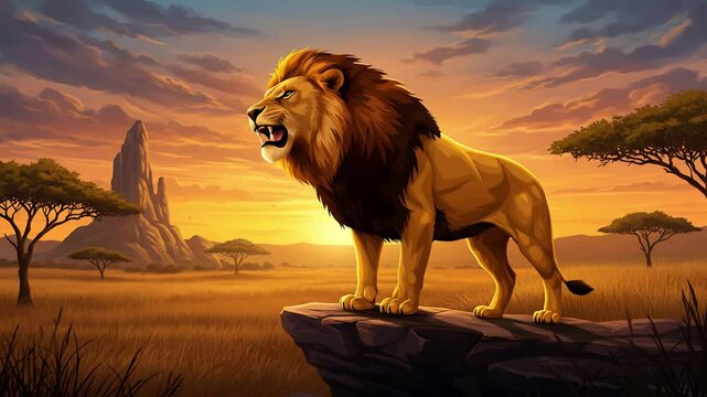A Majestic Roaring Lion at Sunset in African Savannah &ndash; Wildlife Power & Beauty, Generative AI