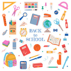 Back to school poster. Hand drawn school supplies. Set of school stationery and education stickers. Vector design for flyers, advertisements, paper, study, school, university.