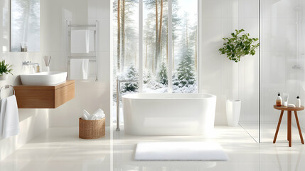 Modern, bright bathroom with a view of a snowy forest