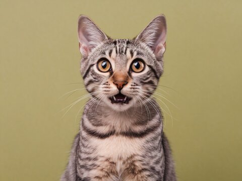 Curious grey tabby cat with big amber eyes against a soft green background, intrigued and playful.
