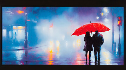 Rainy night scene, couple under red umbrella on city street