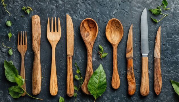 a collection of handcrafted olive wood cutlery including forks, knives and spoons arranged on a dark slate background with scattered green foliage.