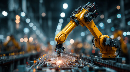 A robot is working on a piece of machinery. The robot is yellow and is surrounded by other robots. The scene is industrial and the robots are working together to create something