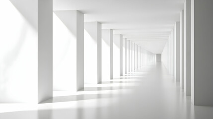 A long white hallway with pillars creating a perspective view.