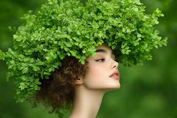 Woman with Green Leaves, Nature, and Portrait.