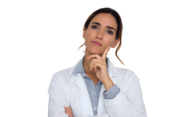 Thoughtful female doctor in white coat pensive expression serious medical professional healthcare on transparent background lab