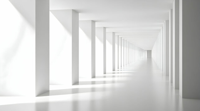 A long white hallway with pillars creating a perspective view.