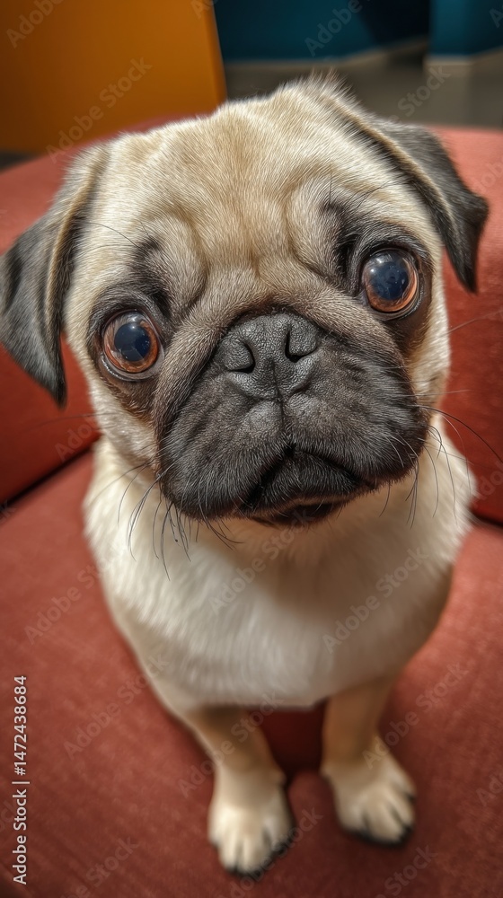 Poster adorable fawn pug puppy sitting on a red couch, looking directly at the camera with big, expressive 