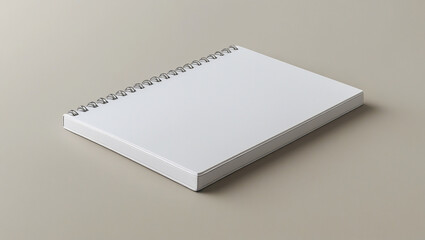Clean white spiral notebook mockup on neutral surface with blank cover and metallic binding for professional customization concepts
