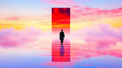 Fototapeta premium A solitary figure walks towards a vibrant, portal-like gateway in a surreal, cloud-filled sky reflecting on tranquil waters