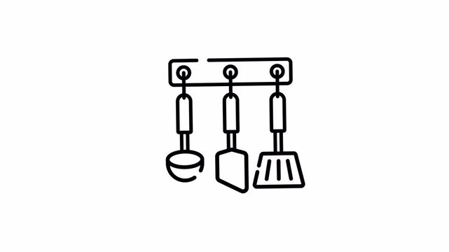 Kitchen utensil rack line icon with hanging tools for cooking animation