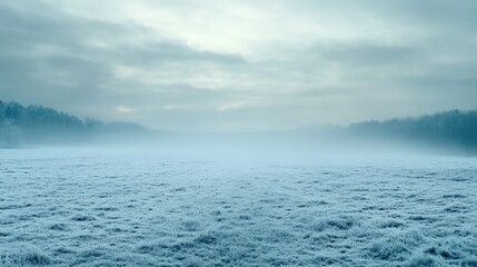 Frozen field landscape on a misty morning.