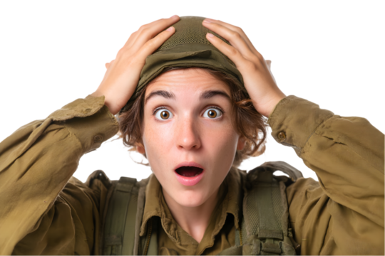 Surprised young woman soldier in khaki uniform holding head in shock amazement cap fear army face eyes on transparent background