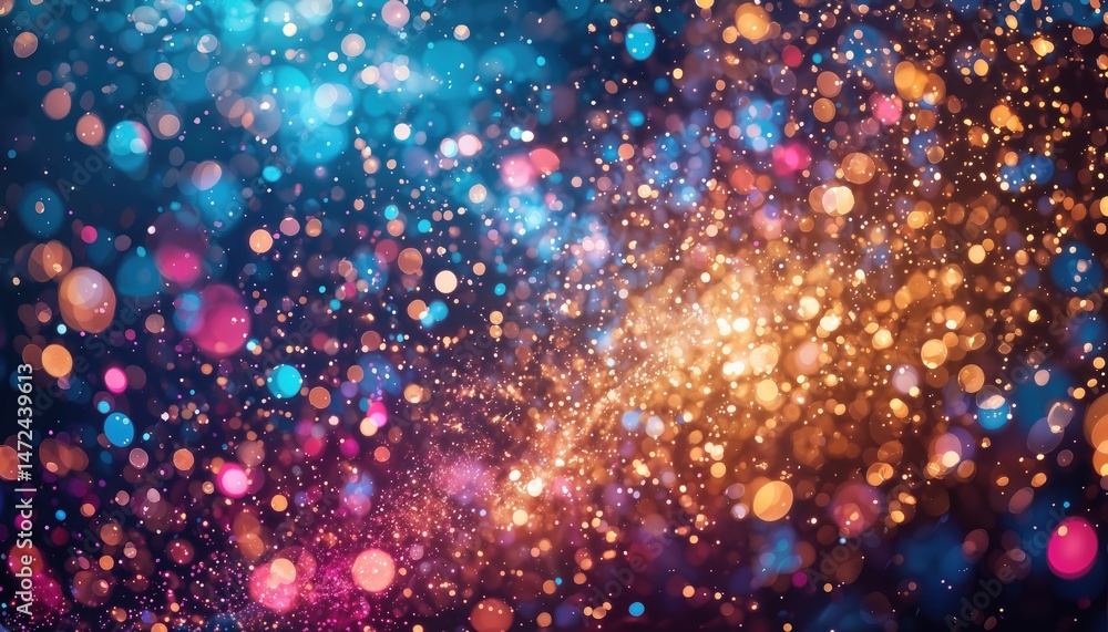 Poster a vibrant, abstract background featuring a dazzling array of colorful bokeh lights transitioning fro