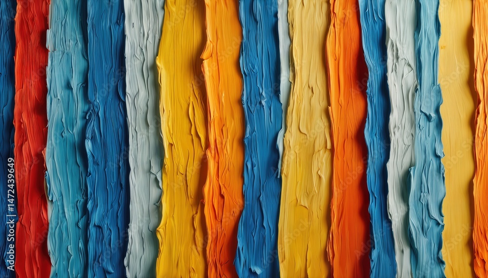 Poster a vibrant and textured close-up of rippled, colorful fabric strips creating an abstract vertical pat