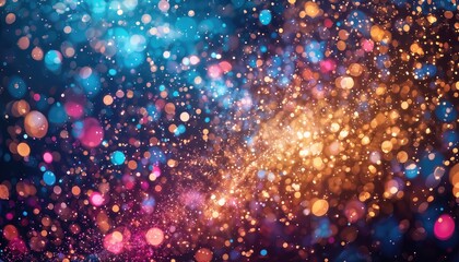 Fototapeta premium a vibrant, abstract background featuring a dazzling array of colorful bokeh lights transitioning from cool blues and purples to warm oranges and golds.