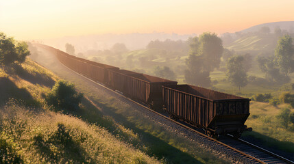 Fototapeta premium A long freight train travels along tracks through a rural landscape at sunrise.