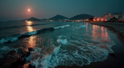 Fototapeta premium Serene coastal scene at night, featuring gentle waves lapping the shore under a full moon, with a distant town's lights illuminating the dark water. : Generative AI