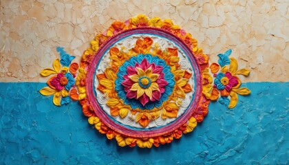 Fototapeta premium a vibrant and textured clay rangoli design featuring a central floral mandala flanked by decorative elements on a dual-toned background.