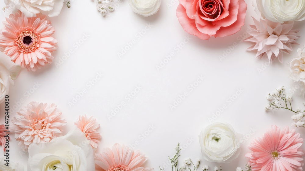 Aufkleber pastel pink and white flowers arranged in a frame on a white background, creating a delicate and ele