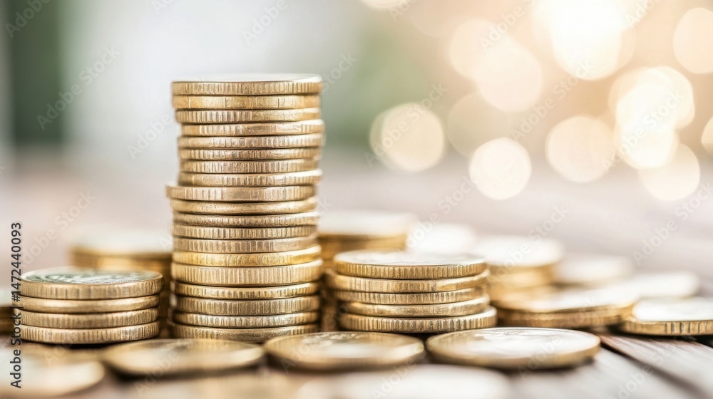 Poster A tall stack of gold coins stands prominently, surrounded by smaller piles of similar coins on a wooden surface, with a blurred bokeh background suggesting prosperity and financial gro : Generative AI