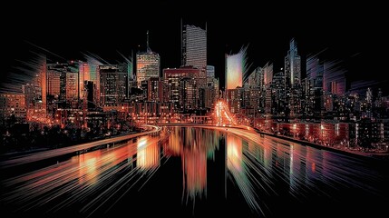 City skyline at night with blurred lights reflecting on water.