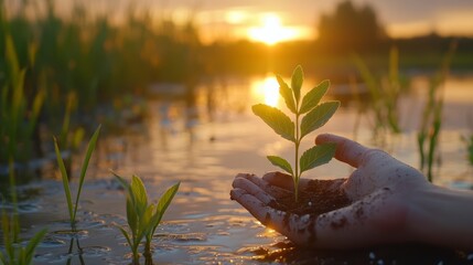 Nurturing growth. Seedling in hand against a waterscape during sunset