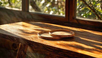 Fototapeta premium sunlight streams across a rustic wooden windowsill illuminating two circular wooden trays.