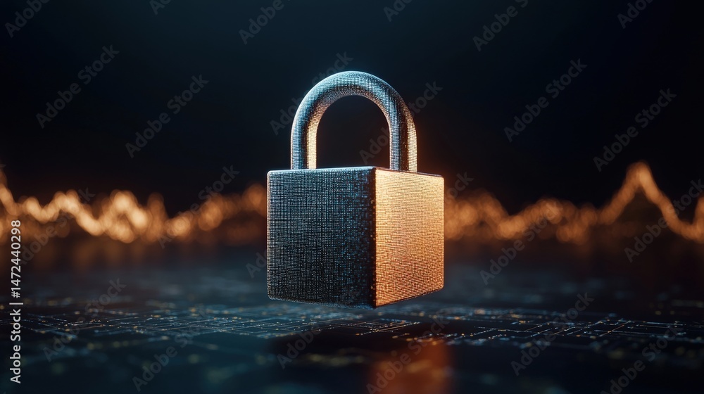 Poster a shiny metal padlock sits on a circuit board surface with blurred glowing waveforms in the backgrou