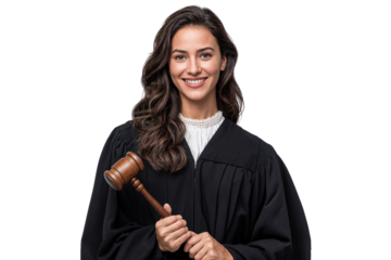 Confident female judge in black robe holding a wooden gavel, isolated on transparent background