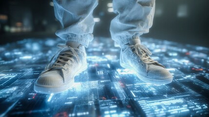 A pair of white shoes are displayed on a computer screen with a cityscape in the background. The shoes are surrounded by a blue and red grid, giving the impression of a futuristic city