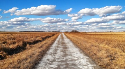 Naklejka premium Scenic Country Road Through Golden Fields under Blue Sky
