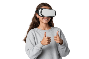 Smiling young woman showing thumbs up sign and wearing virtual reality headset, isolated on white background