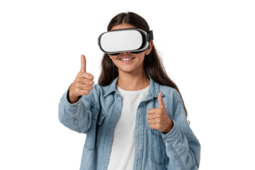Young woman wearing virtual reality headset and showing thumbs up sign, isolated on transparent background