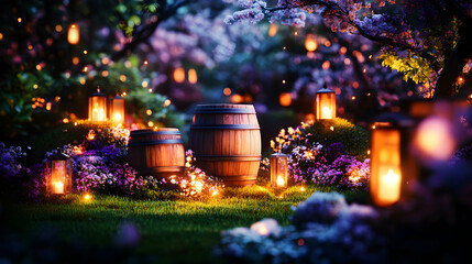 Enchanting night scene with wooden barrels, glowing lanterns, and vibrant flowers under blossoming trees
