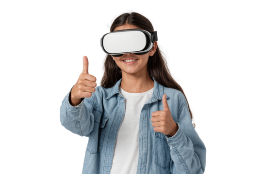 Young woman wearing virtual reality headset and showing thumbs up sign, isolated on transparent background
