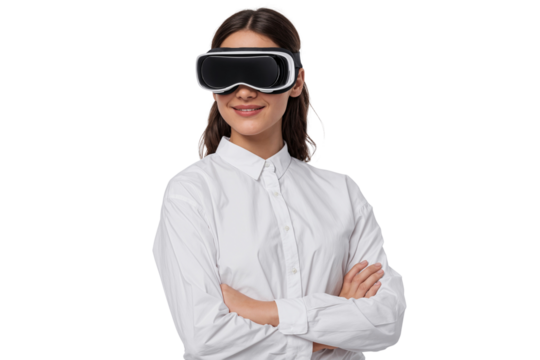 Portrait of a confident woman wearing virtual reality headset, smiling with arms crossed, isolated on white or transparent background