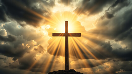 Fototapeta premium Cross Glowing in Center of Stormy Sky with Light Bursting Outward Divine Strength, Faith, Powerful Spiritual Symbol