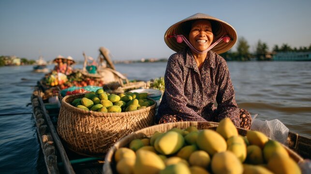 Joyful Vietnamese woman selling tropical fruits at a floating market on a sunny morning