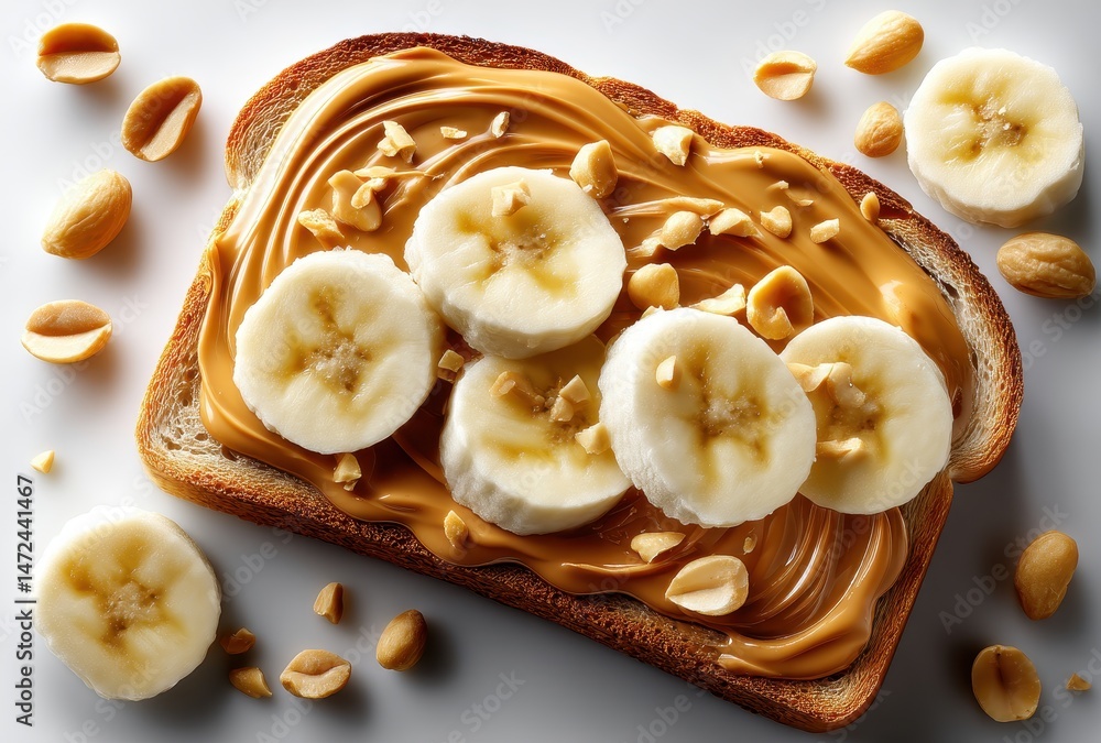 Aufkleber delicious slice of bread spread with peanut butter topped with sliced banana and crushed peanuts on 