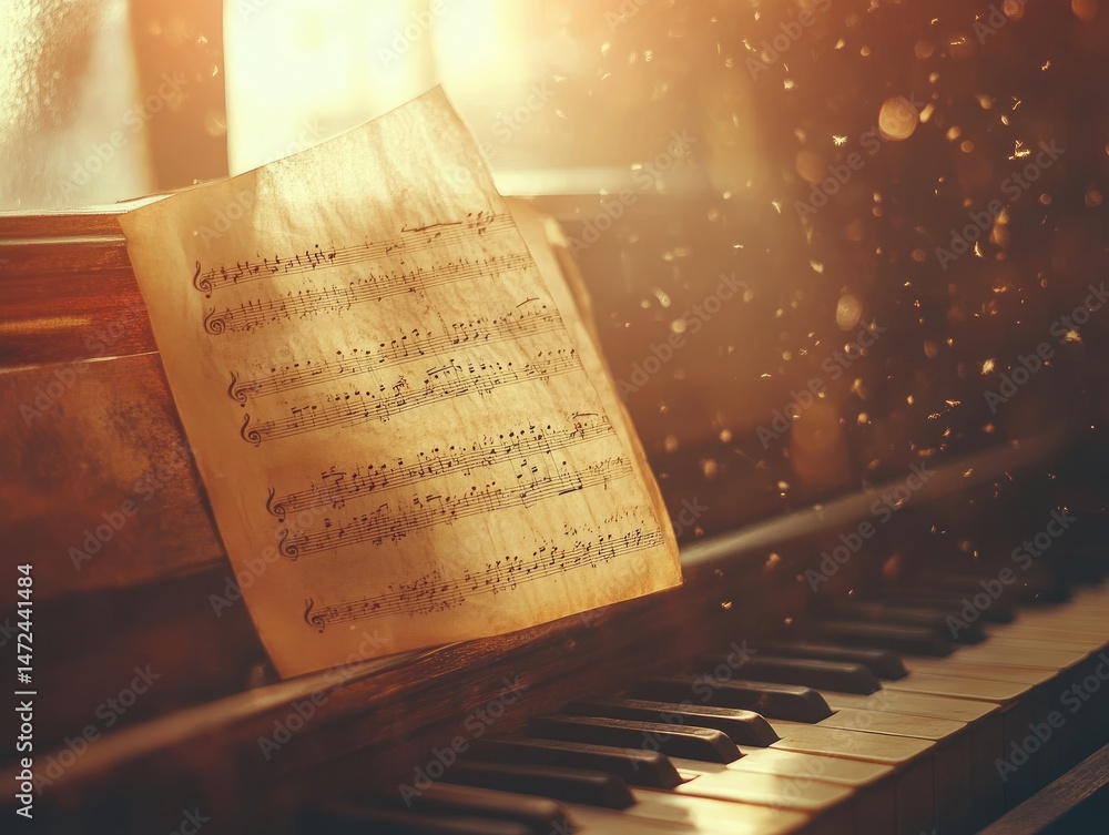 Poster close up of old musical instrument with sheet music on stand, warm lighting with bokeh effect create