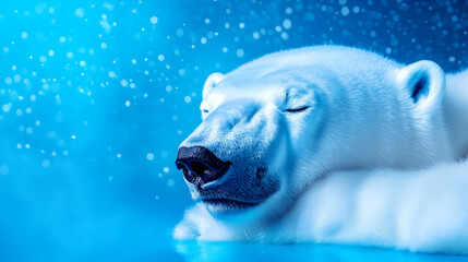 Fototapeta premium Peaceful polar bear resting on icy surface, serene winter scene