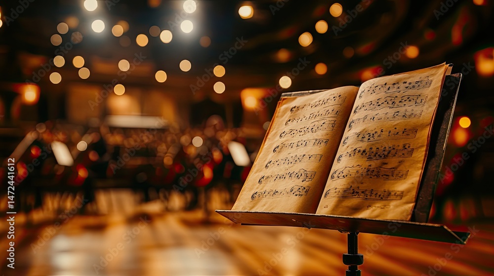 Poster close-up of sheet music on a music stand in front of a blurred orchestra stage. warm lighting illumi