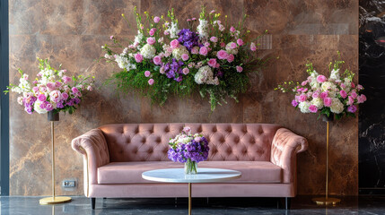Contemporary interior design of a room featuring a stylish sofa and table adorned with springtime flowers